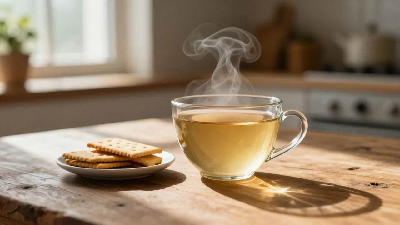Taza de té de jengibre humeante con galletas secas sobre una mesa de madera al amanecer.