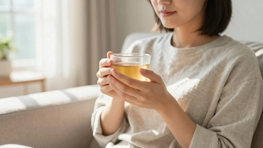 Persona relajada sentada en un sofá sosteniendo una taza de té en una sala luminosa.