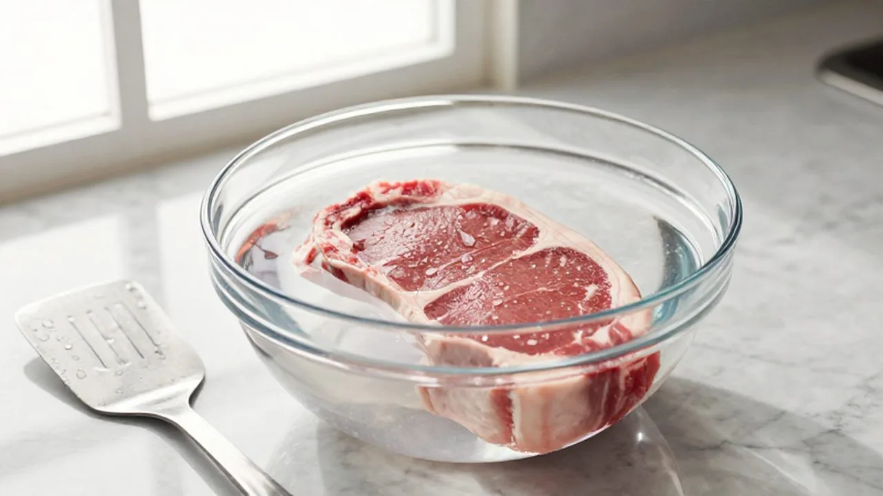 Filete de carne cruda descongelándose en un bol de vidrio con agua fría sobre una encimera de mármol.