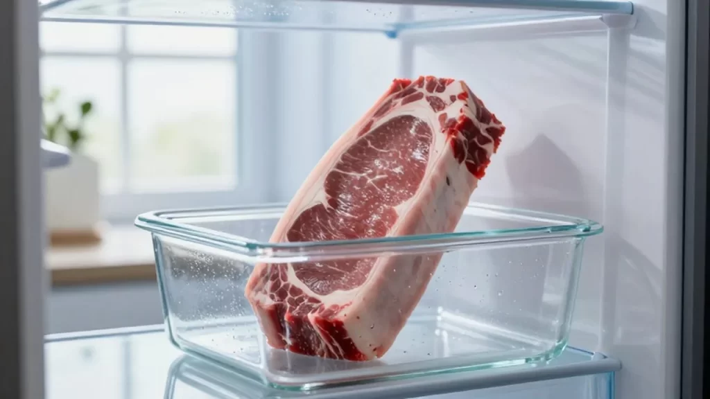 Un filete de carne cruda se coloca con cuidado dentro de un recipiente de vidrio en un refrigerador luminoso.