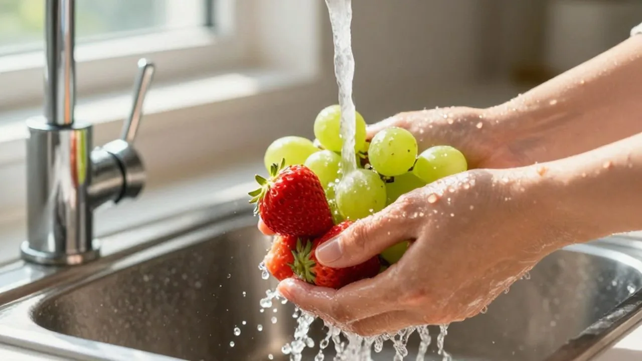 Frutas frescas como fresas y uvas siendo lavadas bajo un chorro de agua en una cocina iluminada.
