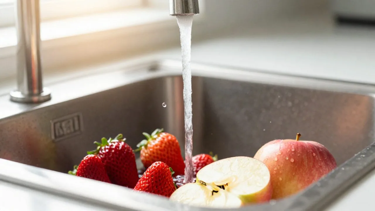 Fresas y rodajas de manzana siendo lavadas bajo un chorro de agua en un fregadero.