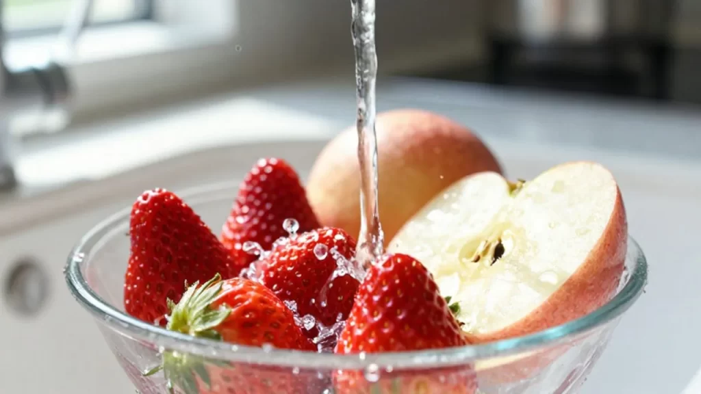 Frescas fresas y rodajas de manzana siendo lavadas bajo un chorro de agua cristalina.