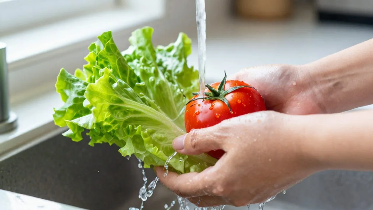 Lechuga y tomates frescos siendo lavados bajo un suave chorro de agua cristalina.