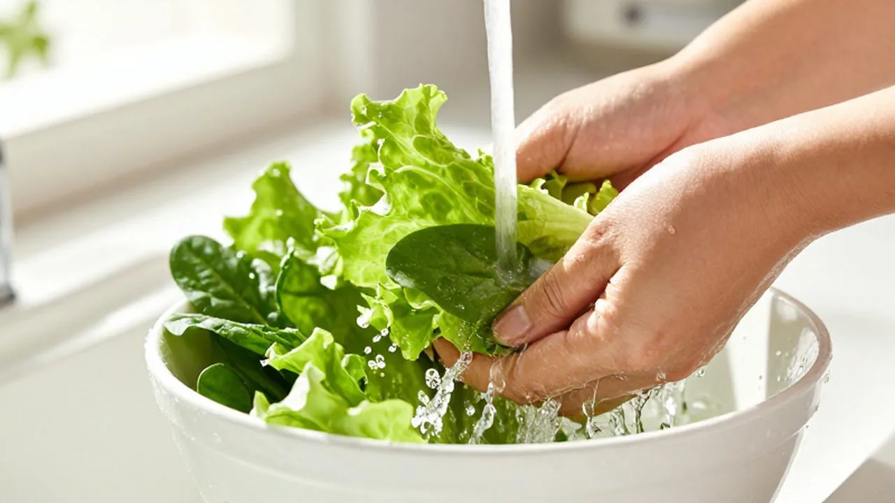 Manos lavando hojas de lechuga y espinacas frescas bajo un chorro de agua en un bol blanco.