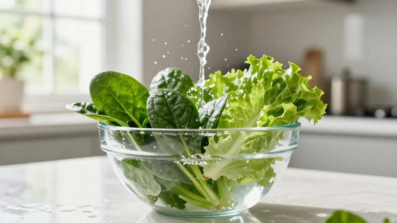 Hojas de espinaca y lechuga frescas lavándose en un bol de vidrio con agua cristalina.