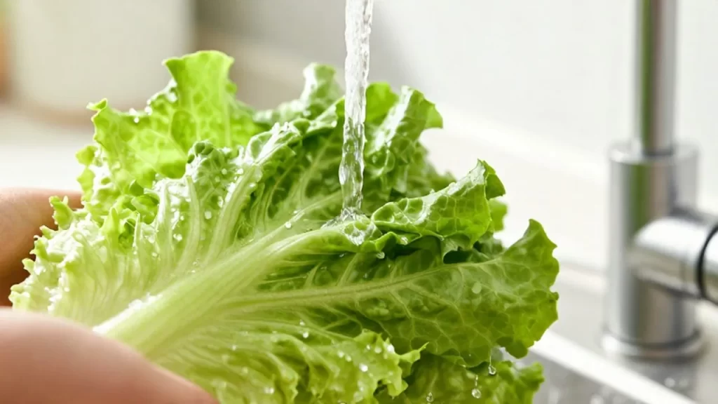 Hojas de lechuga orgánica siendo lavadas bajo un chorro de agua cristalina en la cocina.