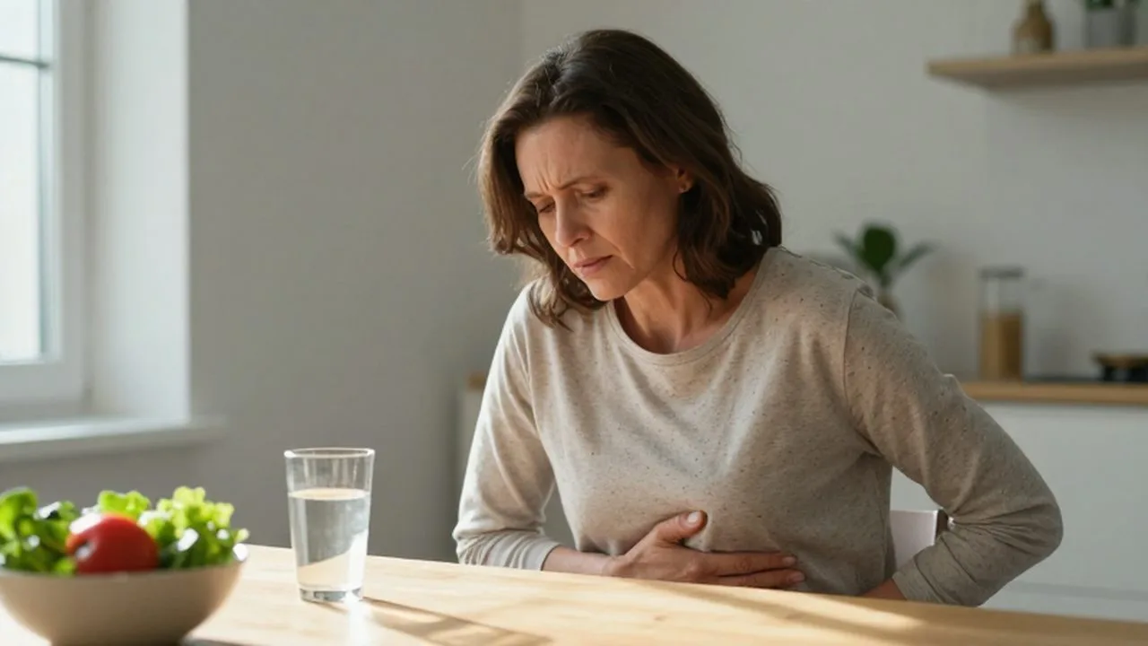 Mujer de mediana edad sentada a la mesa con expresión de malestar abdominal.