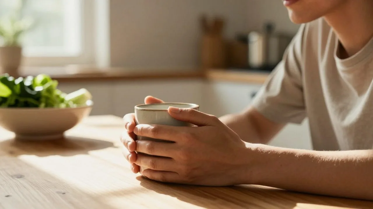 Persona tranquila sentada frente a una mesa de madera sosteniendo una taza de cerámica bajo la luz del sol.