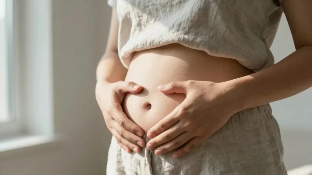 Manos apoyadas suavemente sobre un vientre ligeramente distendido bajo la luz natural de la mañana.