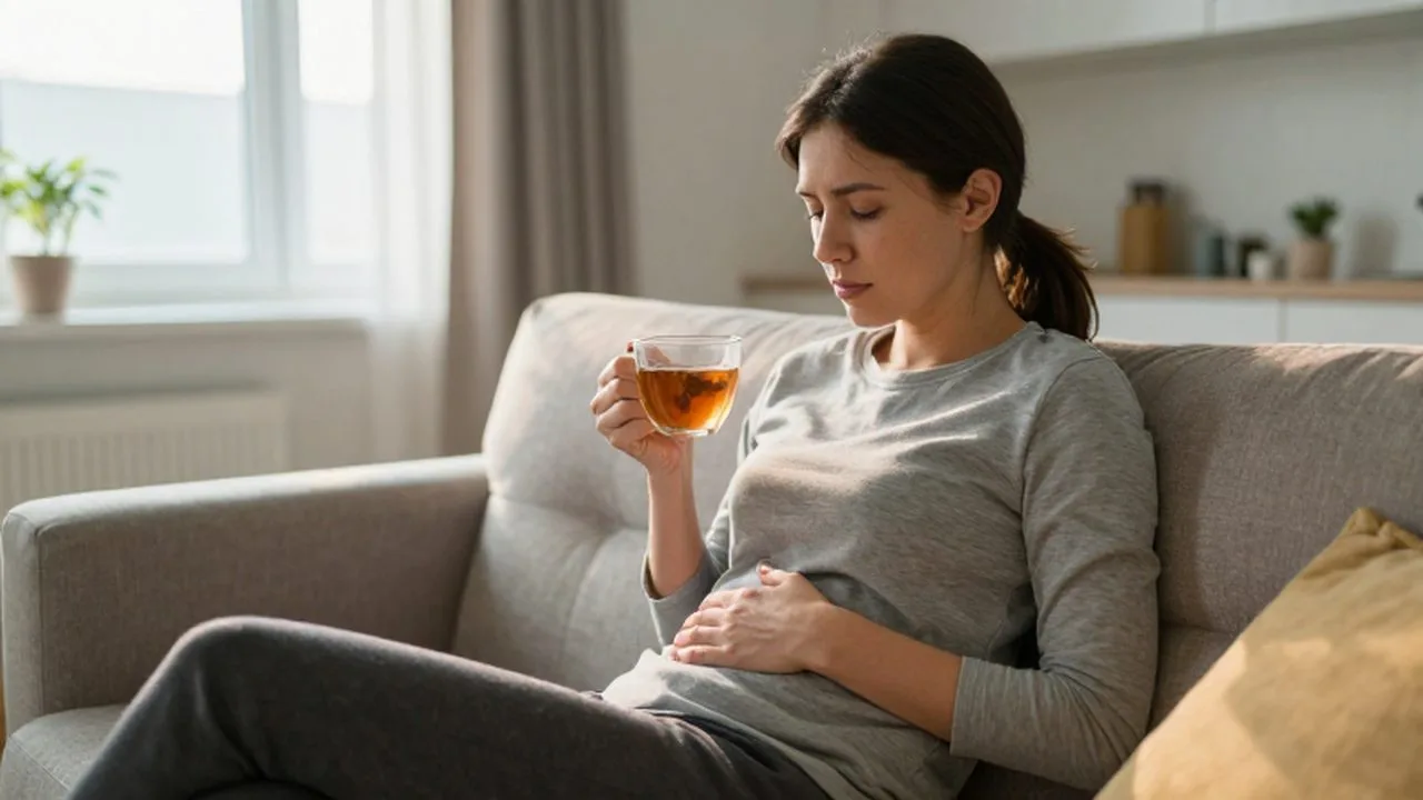 Mujer sentada en un sofá con una taza de té y la mano en el abdomen.