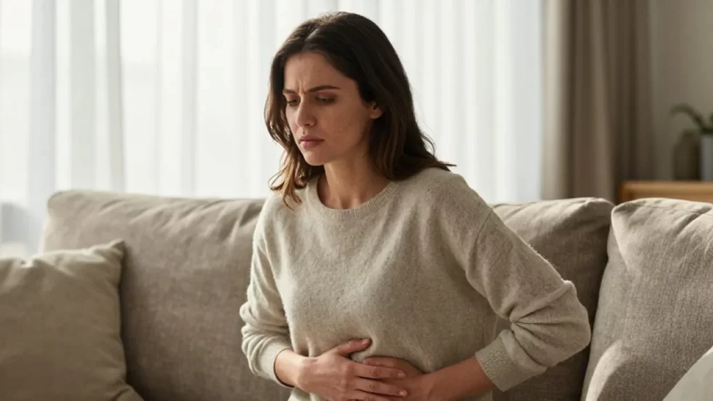 Mujer joven sentada en un sofá con la mano en el abdomen ante un leve malestar.