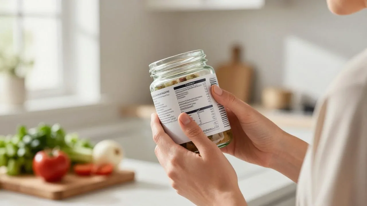 Persona revisando la etiqueta nutricional de un frasco de vidrio en una cocina luminosa.