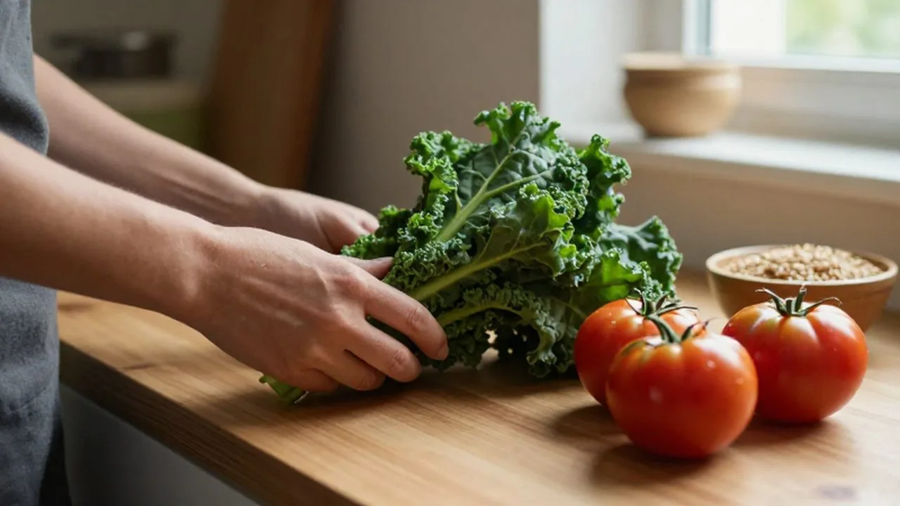 Manos inspeccionando kale fresco y tomates coloridos sobre una encimera de madera iluminada por el sol.