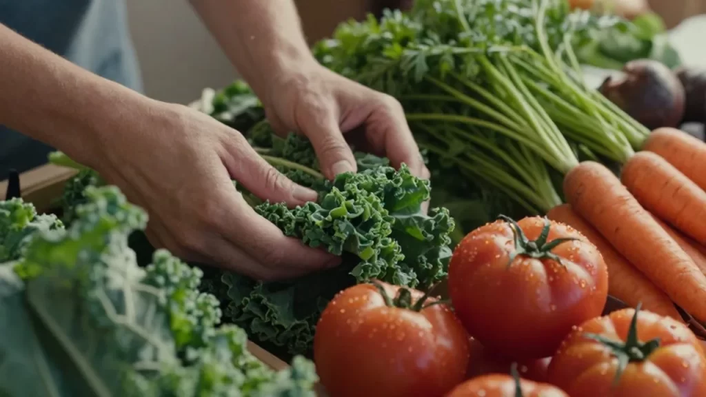 Manos eligiendo verduras orgánicas frescas como tomates y zanahorias en un mercado rústico.