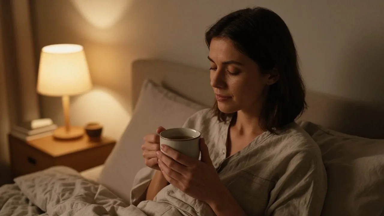 Mujer relajada sentada en su cama sosteniendo una taza de té en una habitación acogedora.