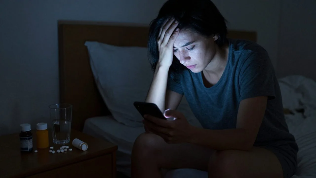 Persona agotada sentada en la cama de noche, frente a un móvil y frascos de medicación.