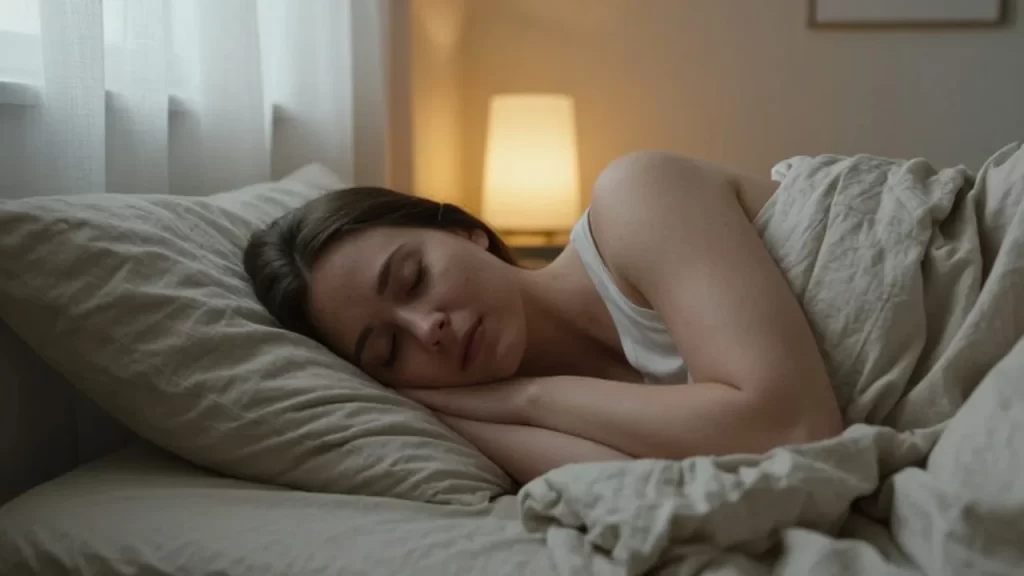 Mujer joven con expresión serena durmiendo profundamente en una cama acogedora con luz tenue.
