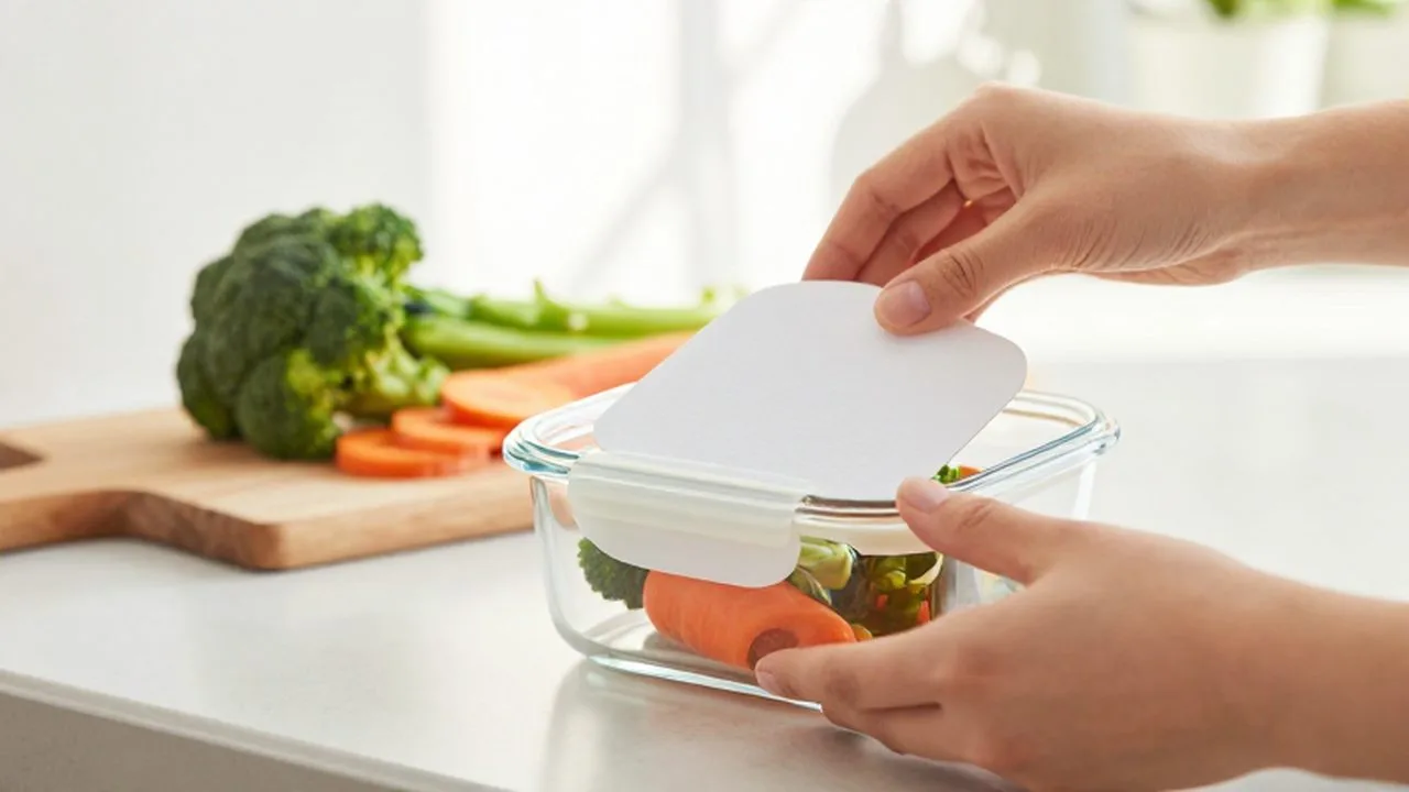 Manos colocando una etiqueta blanca en un recipiente de vidrio con vegetales frescos.