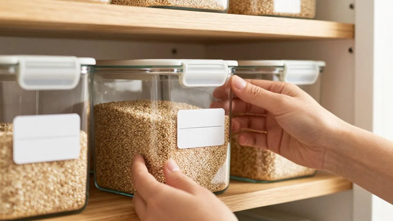Manos colocando una etiqueta minimalista en un frasco de vidrio con quinoa dentro de una despensa organizada.