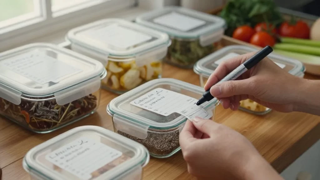 Una mano etiqueta recipientes de vidrio con alimentos organizados sobre una encimera de madera.