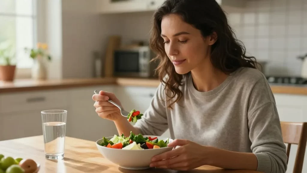 Mujer tranquila desayunando una ensalada nutritiva en una cocina luminosa y acogedora.