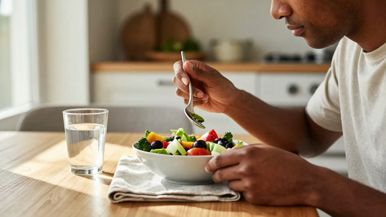 Persona relajada disfrutando de una ensalada mediterránea bajo la luz natural de una cocina.