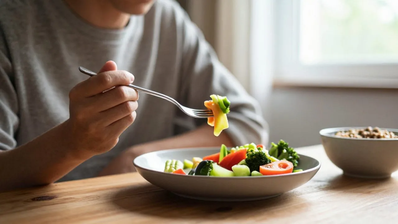 Persona sentada a la mesa disfrutando de una ensalada colorida bajo la luz de la mañana.