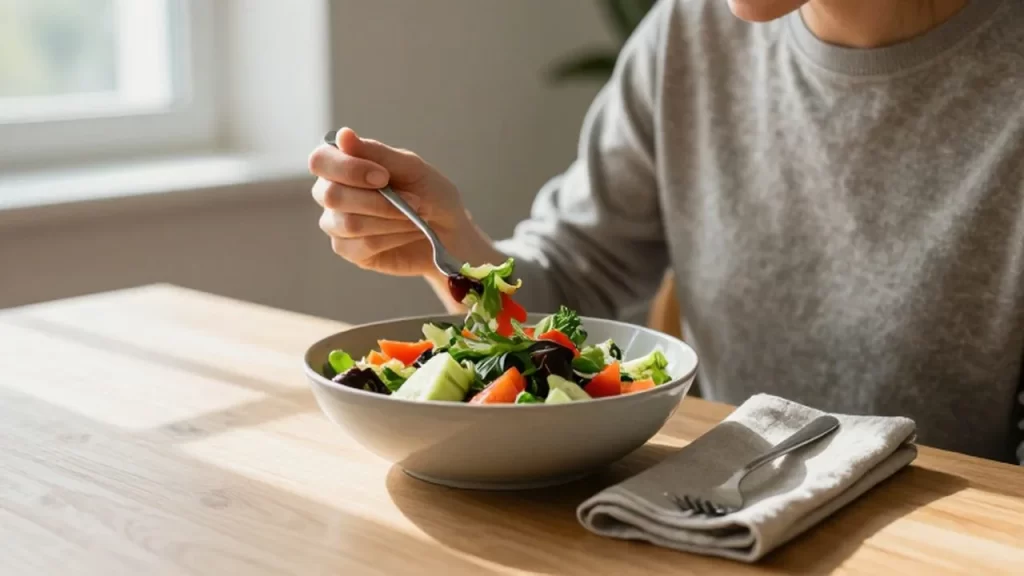 Persona disfrutando de una ensalada colorida y saludable en una mesa de madera iluminada por el sol.