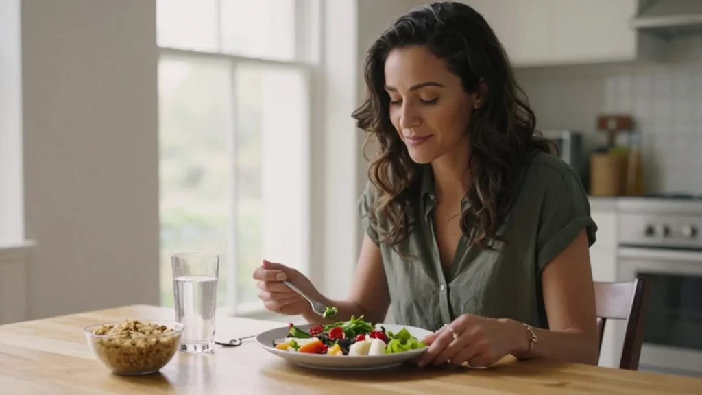 Mujer sentada frente a una mesa soleada disfrutando de un almuerzo mediterráneo saludable.