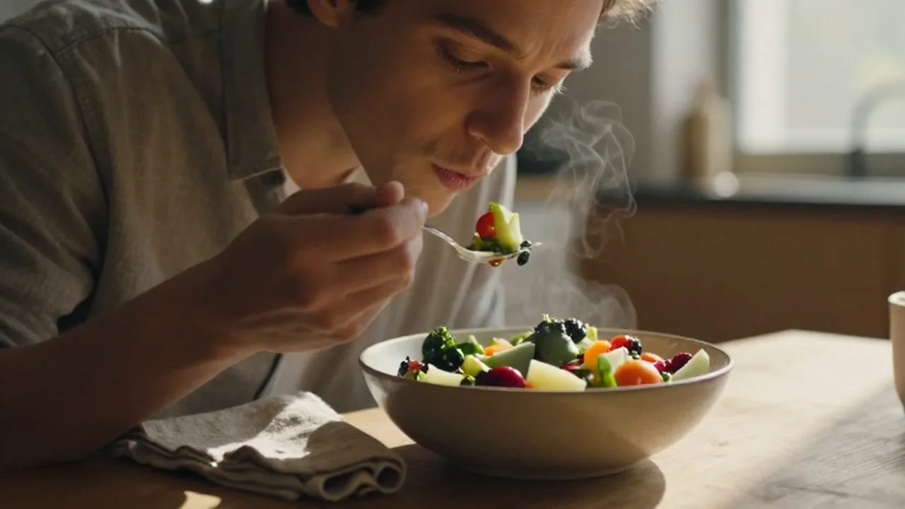Persona disfrutando con calma una ensalada mediterránea en una mesa de madera bajo la luz del sol.