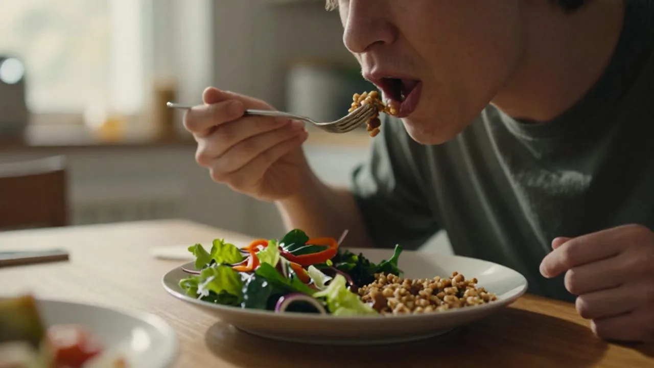 Persona comiendo con prisa frente a un plato de ensalada fresca en una cocina soleada.