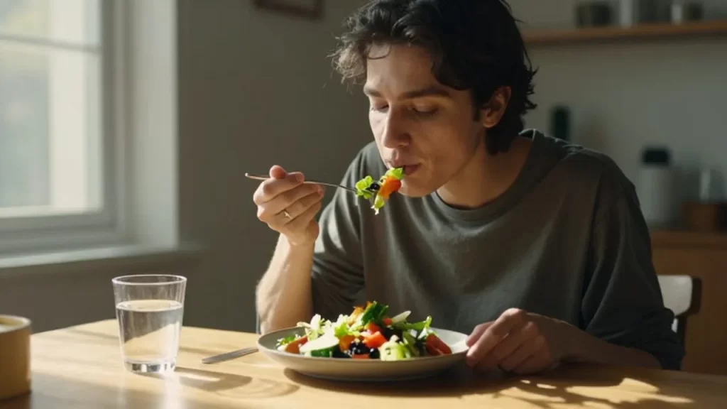 Persona tranquila disfrutando de una ensalada colorida en una mesa de madera iluminada por el sol.