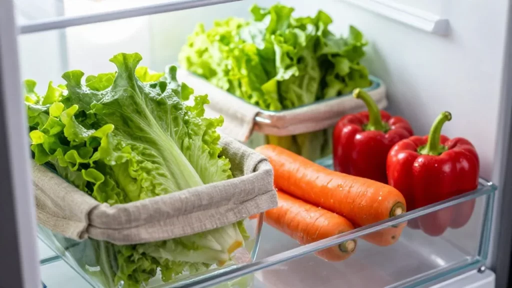 Verduras orgánicas frescas y coloridas organizadas en recipientes de vidrio dentro de un refrigerador limpio.