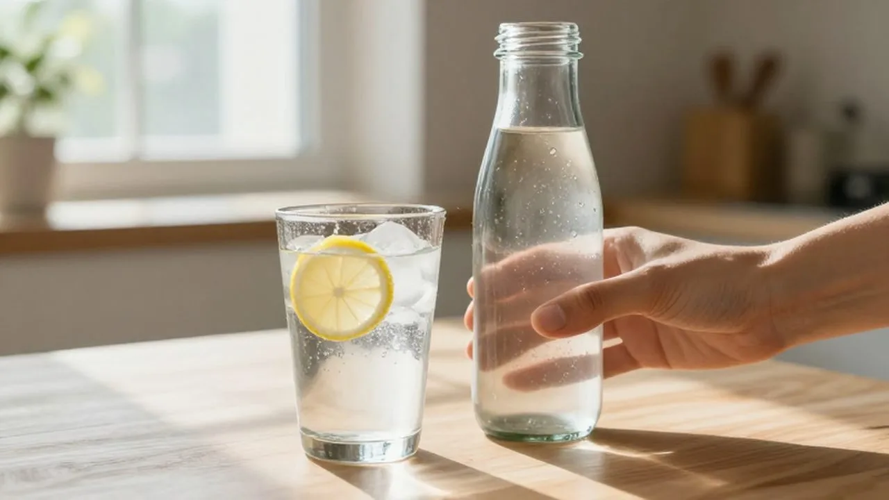 Una mano sostiene una botella de vidrio junto a un vaso de agua con hielo y limón bajo la luz del sol.