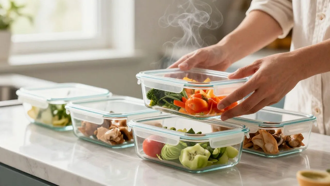 Manos colocando pollo y verduras calientes en recipientes de vidrio para organizar comidas saludables.