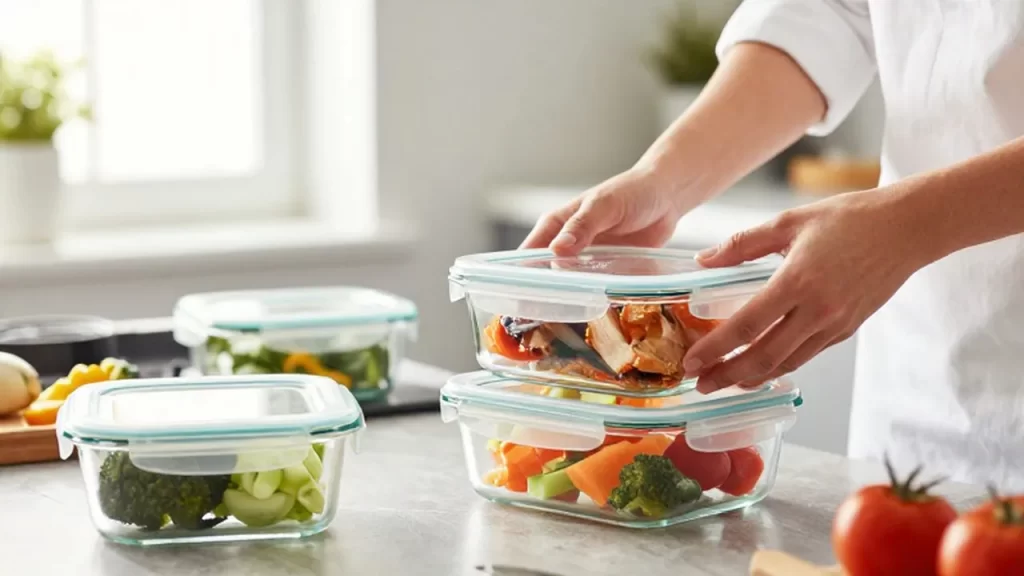 Manos guardando pollo asado y verduras frescas en recipientes de vidrio para organizar comidas.