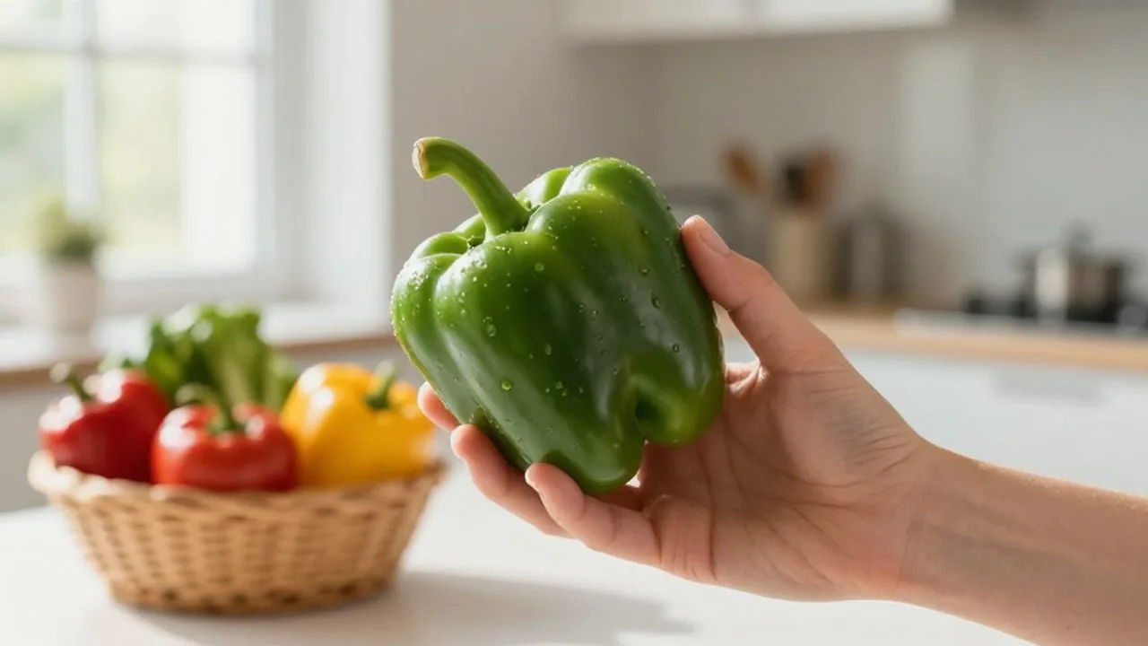 Una mano examina de cerca un pimiento orgánico fresco en una cocina luminosa.