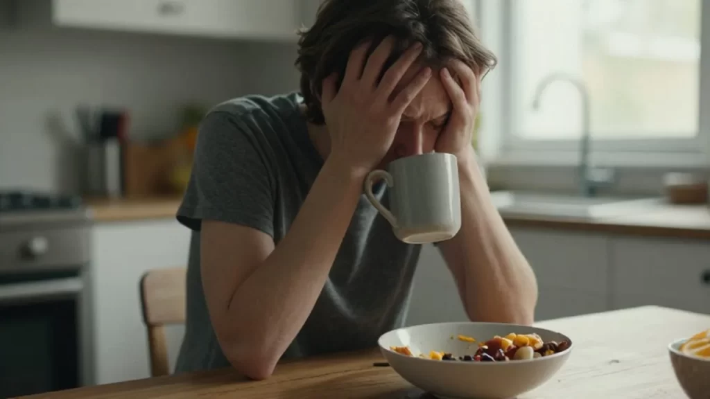 Persona con gesto de agotamiento mental sentada a la mesa con una taza de café.