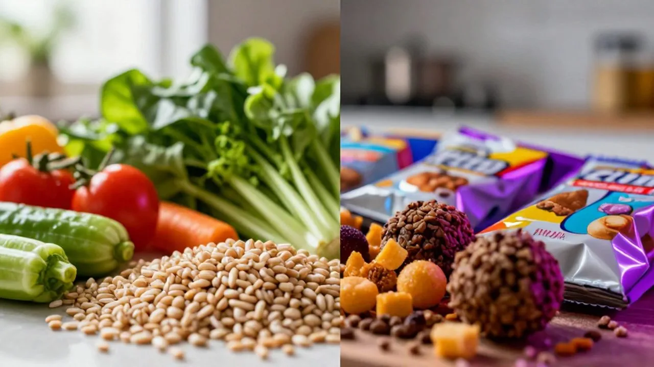 Comparativa visual entre vegetales frescos y granos integrales frente a alimentos ultraprocesados y snacks azucarados.