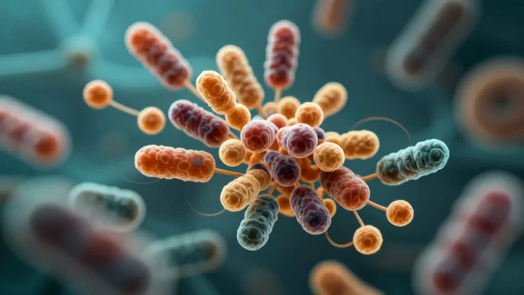 Microscopía de una colonia vibrante de bacterias beneficiosas con texturas orgánicas y luz suave.
