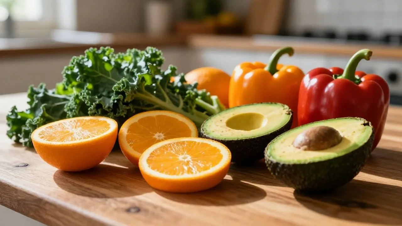 Variedad de alimentos frescos como cítricos, aguacate y kale dispuestos sobre una mesa de madera.