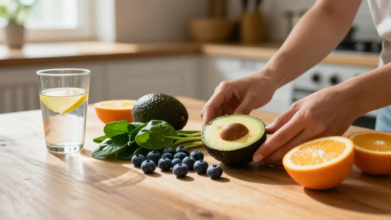 Manos preparando un desayuno saludable con aguacate, arándanos, espinacas y cítricos sobre una mesa de madera.