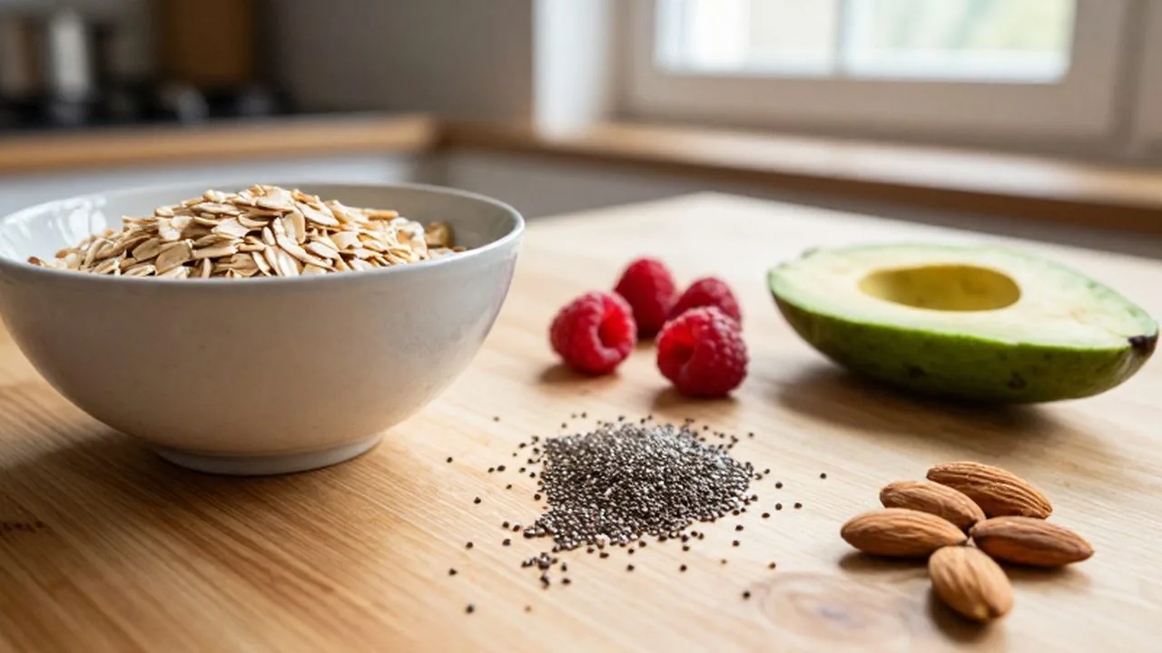 Avena con frambuesas, aguacate y semillas esparcidas sobre una mesa de madera bajo la luz del sol.