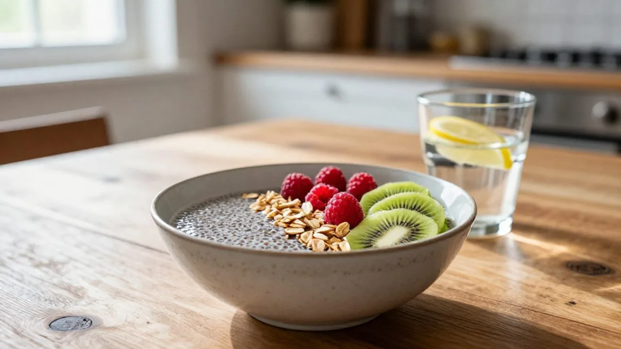 Bol de pudin de chía con frambuesas, kiwi y avena junto a un vaso de agua con limón.
