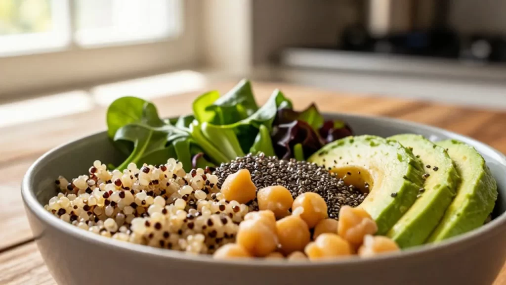 Bol de quinoa mediterráneo con aguacate