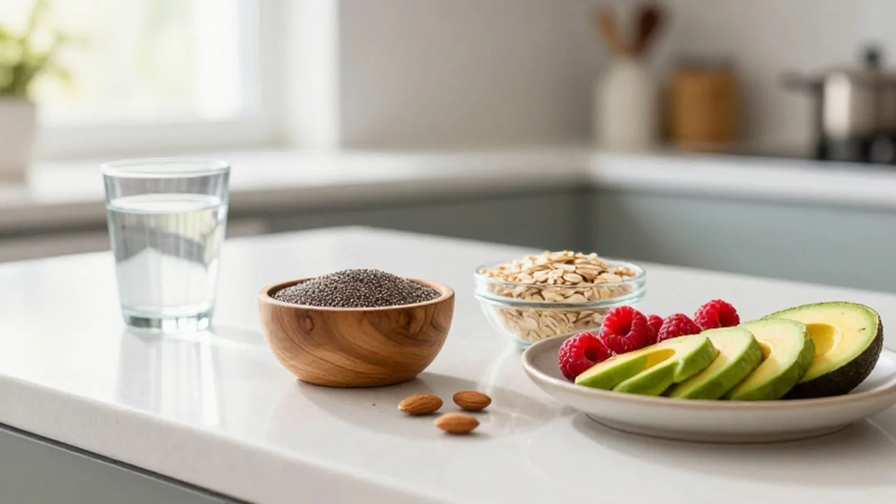 Variedad de alimentos integrales como avena, chía, aguacate y frambuesas sobre una encimera luminosa.