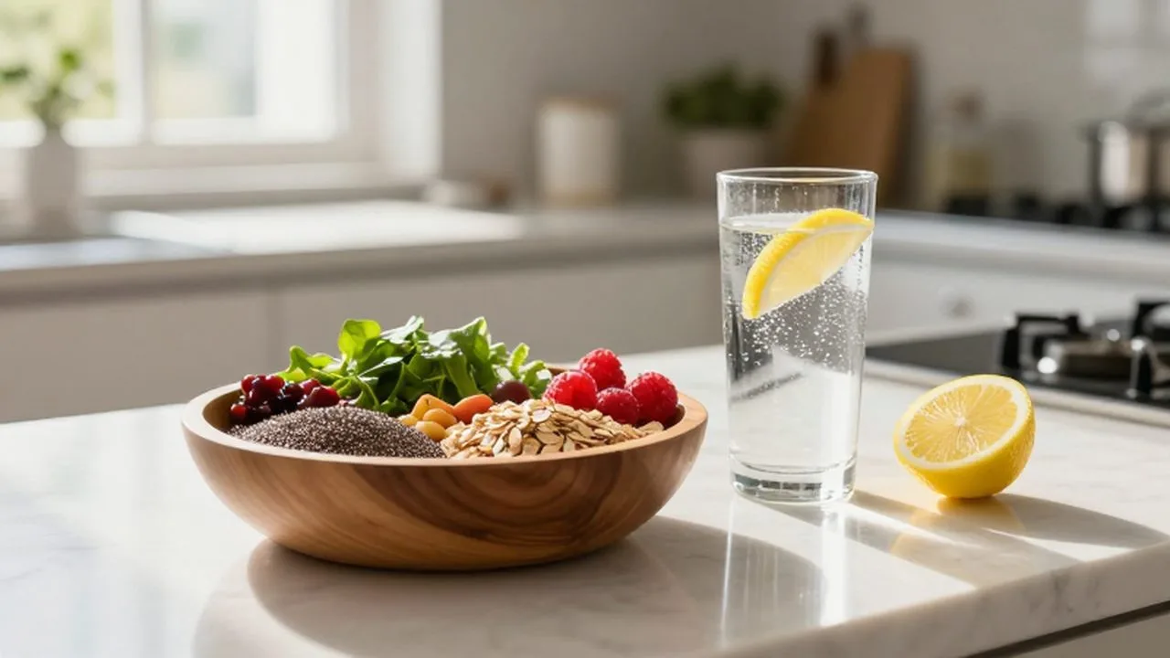 Bol de madera con avena, frambuesas y semillas junto a un vaso de agua con limón.