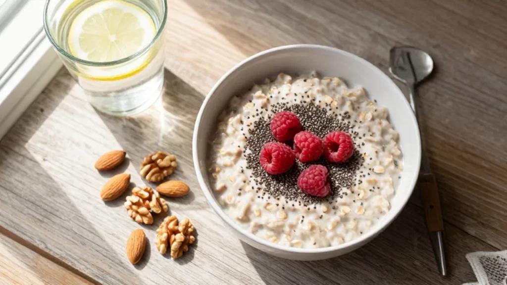 Cuenco de avena con frambuesas y chía rodeado de frutos secos sobre una mesa de madera.