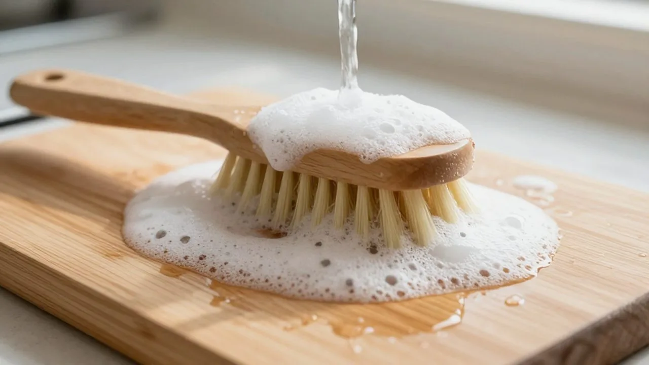 Un cepillo de fibras naturales limpia una tabla de madera con espuma de jabón bajo el agua.